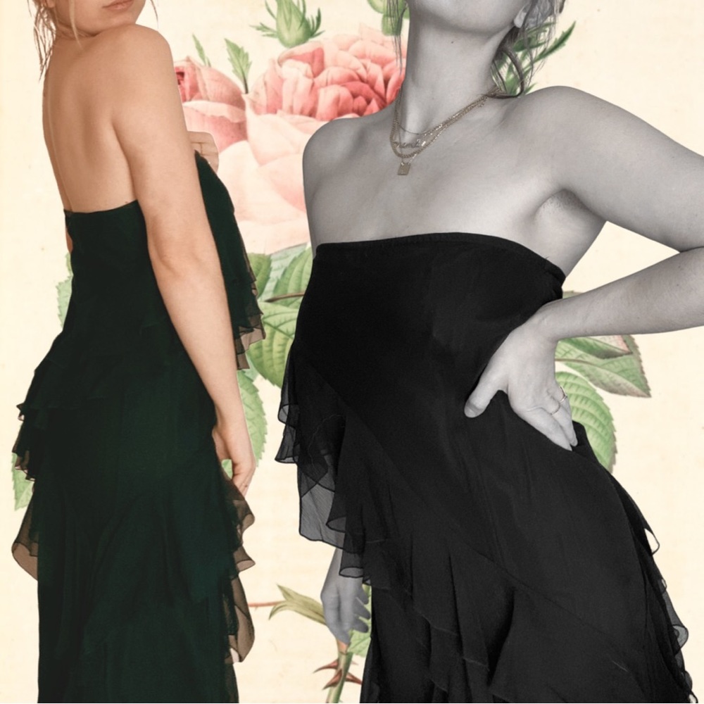 Vintage 100% Silk Strapless Ruffle Beaded Maxi Formal Dress, Black - Size XS - Picture 1 of 11